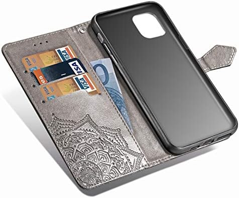 3c kolekcija torbica za novčanik za iPhone 11 Mandala siva, preklopna futrola za iPhone 11 sa držačem za kartice, reljefni poklopac za telefon od umjetne kože sa magnetom i naramenica za iPhone 11 Case Women