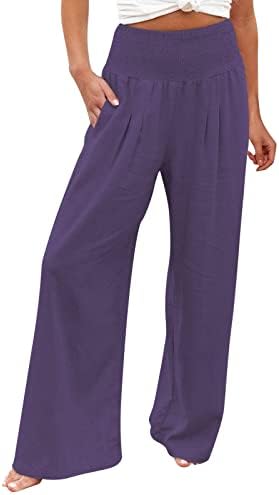 Posteljine široke pantalone za žene za žene ljetne casual solidne hlače za noge sa džepovima sa džepovima koji su ugledali visoki