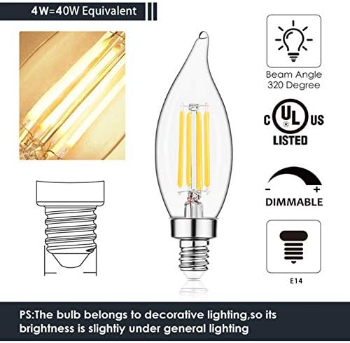8 pakovanje LED 4W Vintage kandelabra LED Sijalice E14 bazna sijalica sa plamenom, 40W ekvivalentno, ušteda energije do 80% prozirnog staklenog žarulja za luster, toplo Bijela