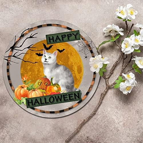 Okrugli metalni limenki znak Happy Halloween Cat i bundeve Halloween vijenac Potpisuje metalnu umjetnost otiske na vratima na vratima
