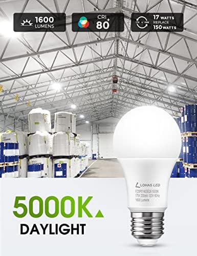 LOHAS A19 LED Sijalice 150w ekvivalentno, 17 W dnevno svjetlo bijele 5000k LED Sijalice, 1600 lumena Energetski efikasna LED sijalica, E26 Srednja baza, bez zatamnjivanja, 4 pakovanja