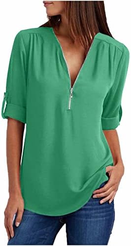lcepcy ženska ljetna majica Plus veličine sa zatvaračem V-izrez dugi rukavi tuniki vrhovi obične široke bluze 2023 modna odjeća