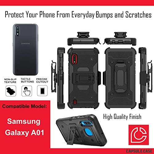 Slučaj Ohiya kompatibilan je s Galaxy A01 [hibridni transformatorski udar robusni kickstand crni poklopac kutije sa kaišnim kopčom za kaiš za Samsung Galaxy A01 svi telefonski prevoznici