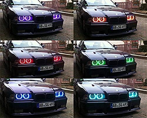 iJDMTOY 4kom Set 7-boja RGB LED farovi Angel eye Halo prstenovi kompatibilni sa BMW E39 E46 3 5 7 serije Xenon farovi sa daljinskim
