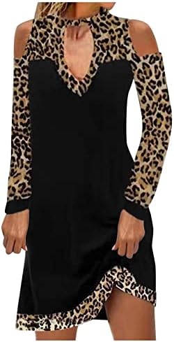 Nokmopo duge haljine za žene casual leopard panela u boji od ramena s dugim rukavima ravna haljina