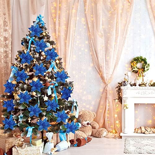 FunArty 12-pack Glitter plavi božićni božićni ukrasi božićnog drvva 6.7inch umjetni božićni cvjetovi poinsettias za božićno drvce