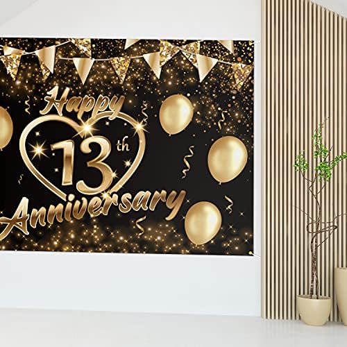5665 Happy 13th Anniversary Backdrop Banner Decor Black Gold-Glitter Love Heart Happy 13 Years Wedding Anniversary Party theme Decorations