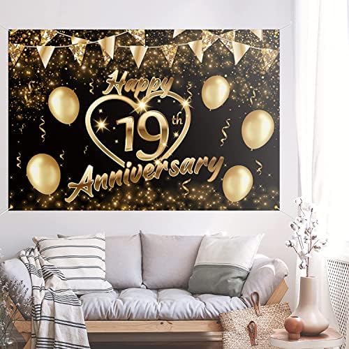 Sretna 19. godišnjica pozadina Banner Decor crno zlato-Glitter Love Heart Happy 19 godina godišnjica vjenčanja Party Tema dekoracije