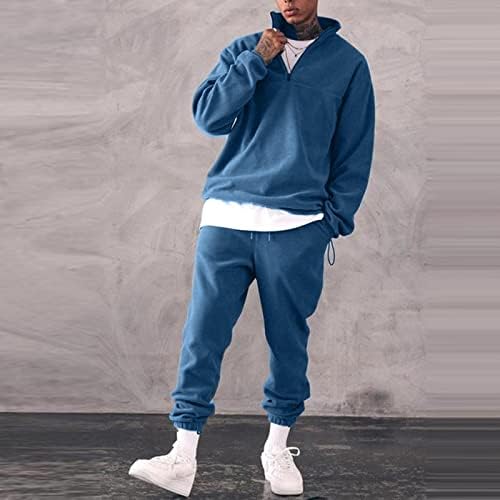 2pc Solid Modni džemper Domaći odijelo Muški sportovi Ležerne ovratnike Boja Muškarci Suits & Muška svečana odjeća Plava
