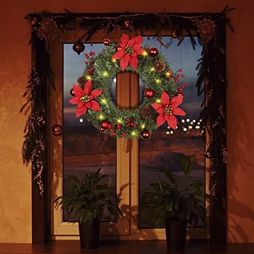 18-inčni božićni vijenac sa svjetlima, prednjim vijenac božićnim zidnim zidnim dekorom s tri crvena cvjetova, borove, bobice i božićna