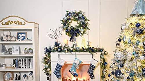 Valery Madelyn Prethile 9 stopa Zimske želje plavim srebrnim božićnim vijencima sa 40 LED toplim svjetlima i kugličnim ukrasima lukovima za prozor s prednjim vratima Kamin Mantle Xmas Decor, akumulator