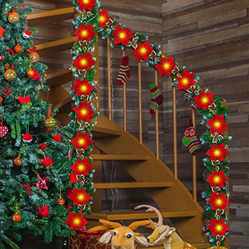 13 ft 1 komad osvijetljeno Poinsettia božićni vijenac sa umjetnom crvenom bobicom Holly List Božićni prije svijetli baršunasti umjetni poinsettia Garland 20 LED svjetla za božićne ukrase