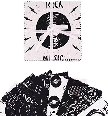 Soimoi Precut 10-inčni Rock Muzika štampa pamučne tkanine Bundle Quilting kvadrata šarm paket DIY Patchwork šivanje Craft-Bijela & Crna