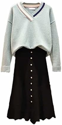 DXMRWJ dame odijelo suknja Dvodijelna jesenja i zimske dame predimenzionirani klipni džemper od V-izrez + odijelo s visokim strukom