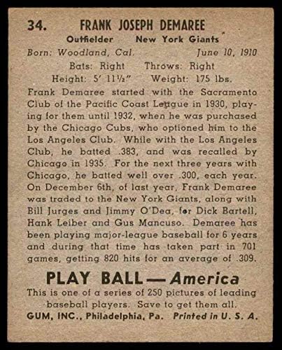 1939 Igrajte loptu # 34 Frank Demaree New York Giants ex divovi