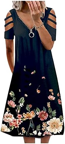 Ženska casual moda labavi vratni patentni zatvarač s vratom Print šuplje haljina s kratkim rukavima