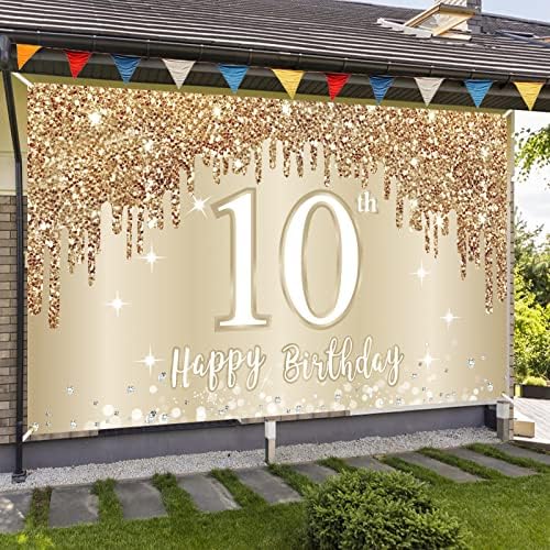Happy 10th Birthday Banner backdrop dekoracije za djevojčice, Gold White Sweet 10 rođendan znak potrepštine, deset godina rođendan