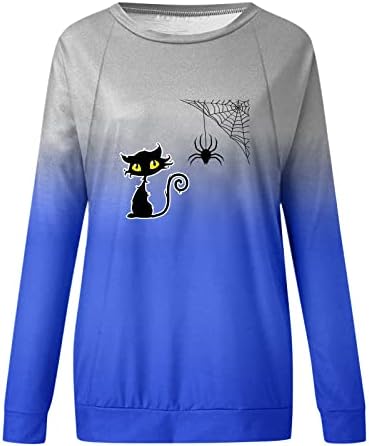 Narhbrg ženski gradijent pulover duksevi crne mačke tiskane majice s dugim rukavima tanka posada vrata jednostavna opuštena znoja
