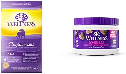 Wellness Complete Health + Supplements Bundle: prirodna suha hrana za pse, piletina i zobene pahuljice, vrećica od 5 funti Immune & amp; alergija Meki dodaci pasa za žvakanje, sa ukusom lososa, 45 Count
