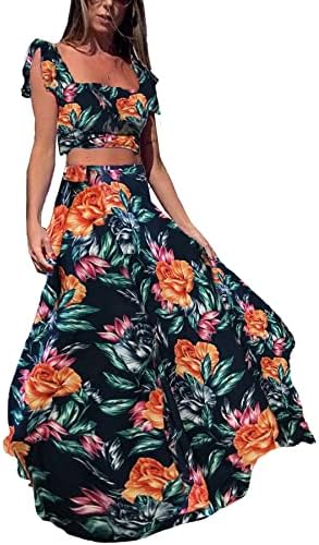 Vakkest Womens Ljetni seksi seksi 2 komada odijelo Ruffle cvjetni tenk top wrap boho tropska duga suknja set clubwear haljina
