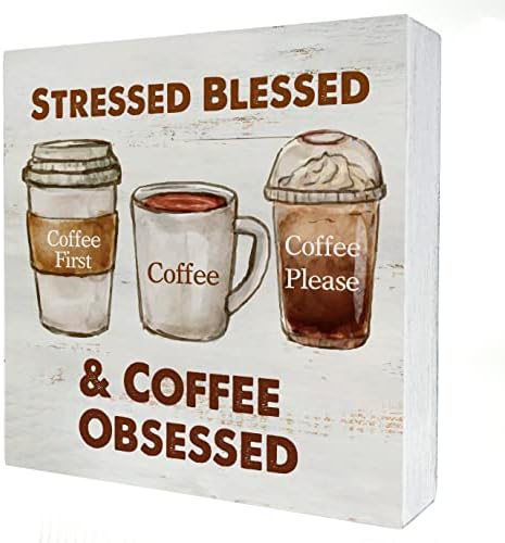 Smiješna kavana Drvena kutija Dekor natpisan Blagoslovljen i kafa opsjednuta drvenim blokom plaketa rustikalna kutija za kućnu kuhinju