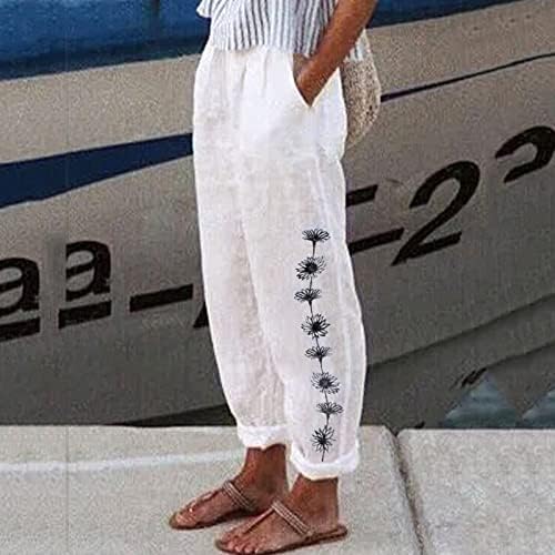 Pamučne lanene skraćene hlače za žene ljetne Casual kapri hlače s džepovima visokog struka udobne hlače na plaži cvjetne Harem hlače