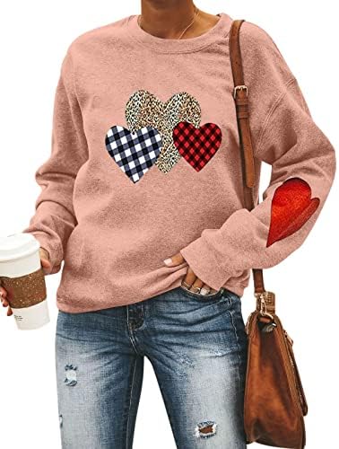 ViLove Love Heart Grafički duks za žene Plaid Leopard Heart Print Majice Valentines Dan Smiješni dugi rukav Tun