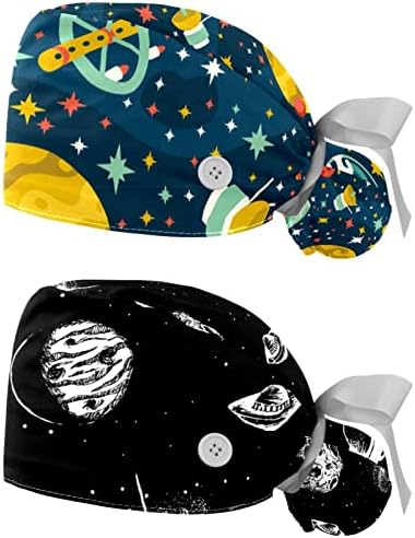 RODAILYCAY Planet svemirski brod Radna kapa sa dugmetom & amp; traka za znoj 2 pakovanja kape za hiruršku hirurgiju držač repa u više