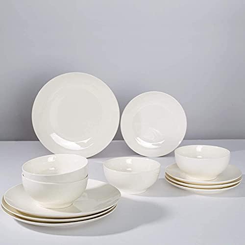 Set za večeru - set za 4 PCS posuđe 12 kom - izdržljivi porculan bijeli set za večeru, ploče i zdjelice - mikrovalna pećnica, pećnica