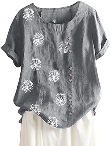 Maslačak posteljina za žene Vintage okrugli vrat kratki rukav majica za majicu Prevelike gumb Ljetne casual bluze