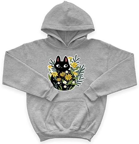 Cat Kids 'spužva Fleece Hoodie - Crna mačka sa cvijećem Dječja kapuljača - Grafički kapuljač za djecu