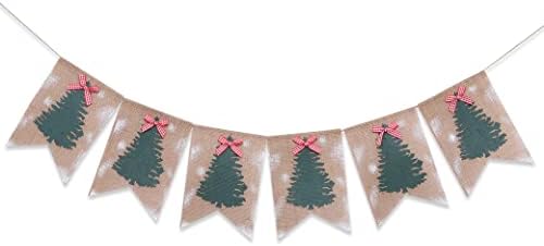Rustikalni božićni burlap banner - božićno drvce Garland sa crvenim lukom, božićne buntice, božićne ukrase u zatvorenom, sretan božićni