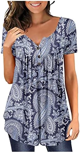 Žensko dugme Henley Casual Plus veličine Tunički vrhovi cvjetni ispisani V izrez kratkih rukava Nasleljene majice Flowy Bluze