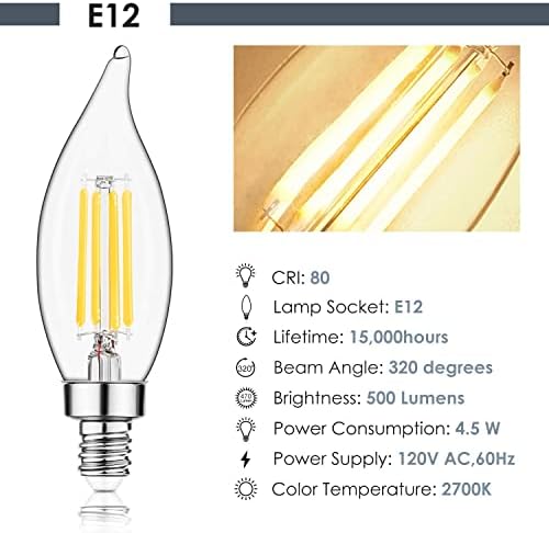 E12 kandelabra LED sijalice 60 W ekvivalent, Ca10 plamen Tip sijalice za sveće zatamnjene, 2700k meka Bela, E12 LED sijalica prozirno