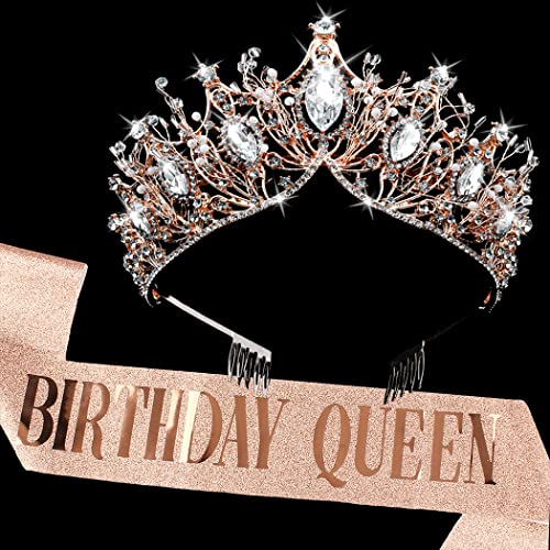 COCIDE rođendan Queen Sash & Crystal Tiara Set rođendan Rose Gold Tiara i Krune za žene rođendan Sash za djevojčice rođendan dekoracije