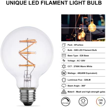 SIJUNSI G25 LED Edison sijalice, 4W LED sijalice sa mogućnošću zatamnjivanja, 40W ekvivalentno, 2700k meko belo svetlo, E26 Srednja