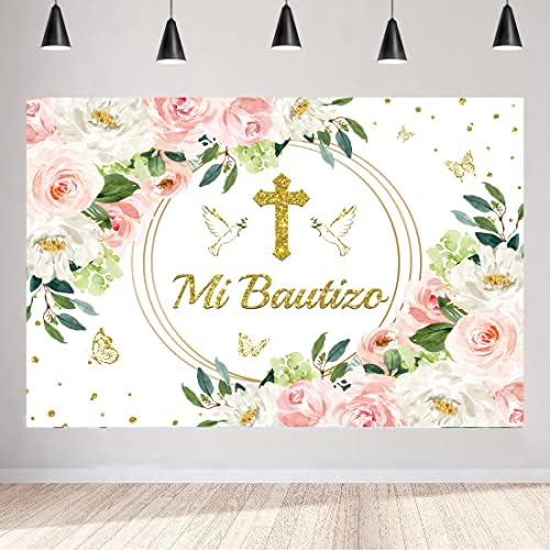 Aperturee mi Bautizo pozadina za krštenje 5x3ft God Bless First Holy Community krštenje akvarel Pink Floral Glitter Gold Dots leptir
