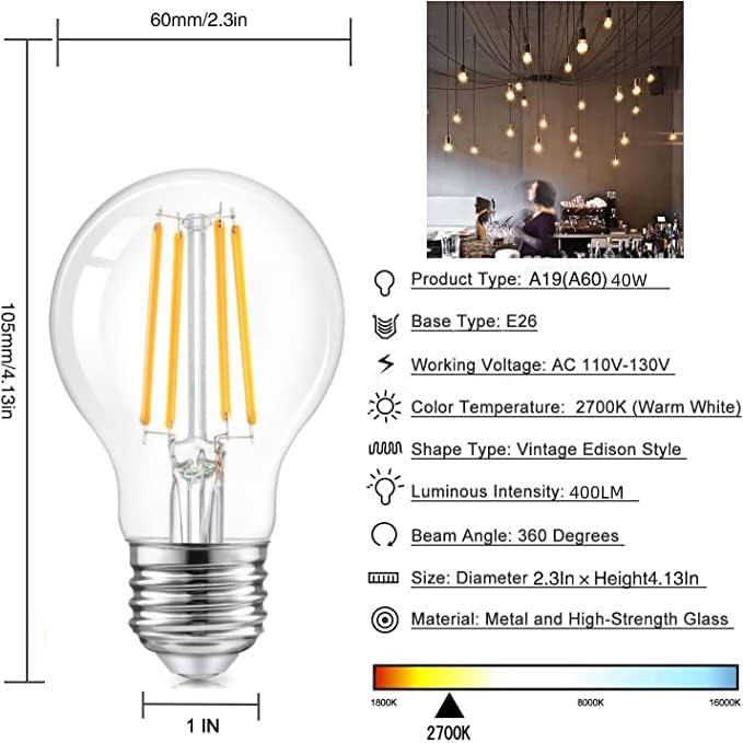 NOTOC LED filamentna sijalica 4W,40watt ekvivalent,klasično prozirno staklo,E26 LED Sijalice,toplo Bijela 2700k,zatamnjiva, pakovanje